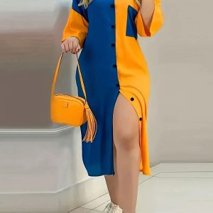 This Contrast Color Patchwork Plus Size Women's Turndown Collar Half Sleeve Long Shirt Dress Made Of Soft And Elastic Fabric. Global Lover Wholesale Plus Size Dresses And Hope Curvy Ladies Find Here a Warm And Exciting Place To Shop Affordable Curvy Dresses Online - Plus Size Casual