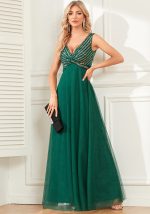 This Dark Green Women's Double v Neck Sleeveless Evening Dress Striped Sequin Patchwork a-Line Elegant Dress Design Made Of High Level Material