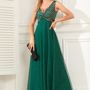 This Dark Green Women's Double v Neck Sleeveless Evening Dress Striped Sequin Patchwork a-Line Elegant Dress Design Made Of High Level Material