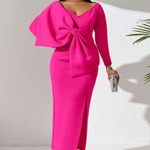 This Deep v Bow High Waist Plus Size Women's Party Maxi Dress Design Made Of Good Quality Polyster And Spandex Material