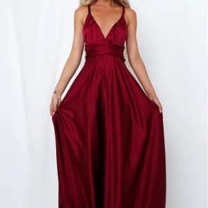 This Deep v Neck Sleeveless Lace-Up Sexy Low Back High Waist Swing Satin Gown Women's Dress Design Made Of Good Quality Polyster And Spandex Material