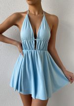 This Deep v Strap Sexy Halter Neck Strap Low Back Short Dress Design Made Of High Quality Polyster And Spandex Material. It Is Stretchy