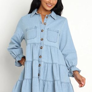 This Denim Dress European Fit Single Breasted Turndown Collar Women's Mid Long Sleeve Casual Dress Design Made Of High Quality Polyster And Spandex Material. It Is Stretchy