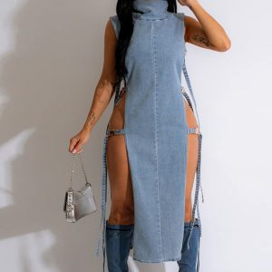 This Denim Dress Sexy Hollow Wash High Neck Women Design Made Of High Quality Polyster And Spandex Material. It Is Stretchy