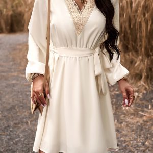 This Dress Autumn And Winter Chic Elegant v Neck Long Sleeve Dress Design Made Of High Quality Polyster And Spandex Material. It Is Stretchy