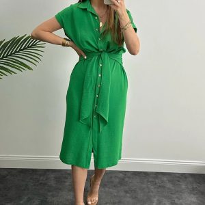 This Dress Slim Waist Slim Fit Lace Up Summer Chic Elegant Ladies Shirt Dress Design Made Of High Quality Polyster And Spandex Material. It Is Stretchy