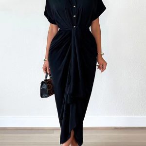 This Dress Women Turndown Collar Short Sleeve Chic Career Dress Design Made Of High Quality Polyster And Spandex Material. It Come With Good Stretch And Wearing Comfortable. Women¡¯s Midi Dresses Is Omnipotent And Suit For All Kinds Of Occasions - Daily Wear