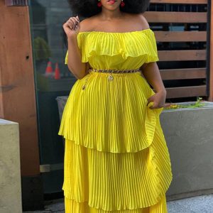 This Dress Yellow Chiffon Off Shoulder Low Back Slim Beach Holidays Pleated Maxi Dress Design Made Of High Quality Polyster And Spandex Material