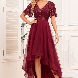 This Elastic Waist Mesh Patchwork Elegant v-Neck Ruffled Short-Sleeved Evening Dress Design Made Of Good Quality Polyster And Spandex Material