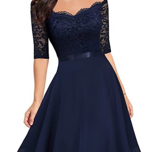 This Elegant Evening Dress Off Shoulder Sexy Half-Sleeve Lace Patchwork Chiffon Dress Design Made Of High Quality Polyster And Spandex Material. It Is Stretchy