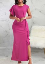 This Elegant Fashionable Solid Color Round Neck Ruffled High Waist Slit Women's Dress Design Made Of High Quality Polyster And Spandex Material. It Come With Good Stretch And Wearing Comfortable And Feeling Freedom. The Tight And Fitted Dress Is The Most Popular Options From Party Girls. Shop Bodycon Dresses At Global Lover And Find Amazing Designs Sequins