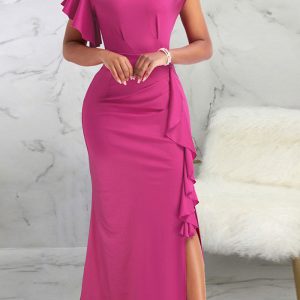 This Elegant Fashionable Solid Color Round Neck Ruffled High Waist Slit Women's Dress Design Made Of High Quality Polyster And Spandex Material. It Come With Good Stretch And Wearing Comfortable And Feeling Freedom. The Tight And Fitted Dress Is The Most Popular Options From Party Girls. Shop Bodycon Dresses At Global Lover And Find Amazing Designs Sequins