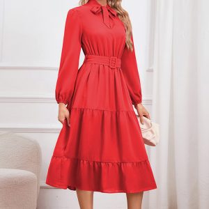 This Elegant Slim Chic Tie Collar a-Line Casual Dress Design Made Of High Quality Polyster And Spandex Material. It Is Stretchy