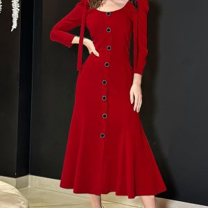 This Elegant Soid Color Long Sleeve Round Neck Plain Chic High Waist Midi Dress Design Made Of High Quality Polyster And Spandex Material. It Come With Good Stretch And Wearing Comfortable. Women¡¯s Midi Dresses Is Omnipotent And Suit For All Kinds Of Occasions - Daily Wear