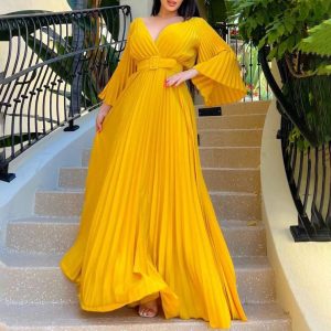 This Elegant Women's Solid Color v-Neck Sexy Pleated Long Dress Maxi Dress Design Made Of High Quality Polyster And Spandex Material