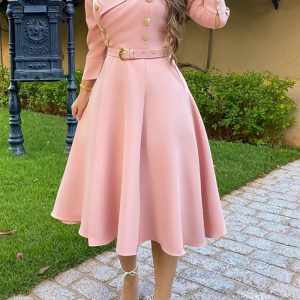 This Elegant Women's Turndown Collar Carrer a-Line Dress With Belt Design Made Of High Quality Polyster And Spandex Material. It Come With Good Stretch And Wearing Comfortable. Women¡¯s Midi Dresses Is Omnipotent And Suit For All Kinds Of Occasions - Daily Wear