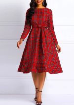 This Elegant Women's Red Plaid Print Plus Size Dress Fashion Belt Midi Dress For Women Made Of Soft And Elastic Fabric. Global Lover Wholesale Plus Size Dresses And Hope Curvy Ladies Find Here a Warm And Exciting Place To Shop Affordable Curvy Dresses Online - Plus Size Casual