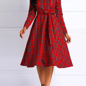 This Elegant Women's Red Plaid Print Plus Size Dress Fashion Belt Midi Dress For Women Made Of Soft And Elastic Fabric. Global Lover Wholesale Plus Size Dresses And Hope Curvy Ladies Find Here a Warm And Exciting Place To Shop Affordable Curvy Dresses Online - Plus Size Casual