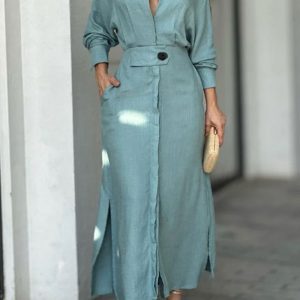 This Fall Chic Career Strappy Solid Slim Waist Long Sleeve Irregular Shirt Dress Design Made Of High Quality Polyster And Spandex Material