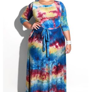 This Fall Fashion Women's Colorful Tie Dye Printed Round Neck Plus Size Maxi Dress Made Of Soft And Elastic Fabric. Global Lover Wholesale Plus Size Dresses And Hope Curvy Ladies Find Here a Warm And Exciting Place To Shop Affordable Curvy Dresses Online - Plus Size Casual