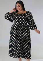 This Fall Plus Size Women's Polka Dot Print Pleated Casual Long Sleeve Midi Dress Made Of Soft And Elastic Fabric. Global Lover Wholesale Plus Size Dresses And Hope Curvy Ladies Find Here a Warm And Exciting Place To Shop Affordable Curvy Dresses Online - Plus Size Casual