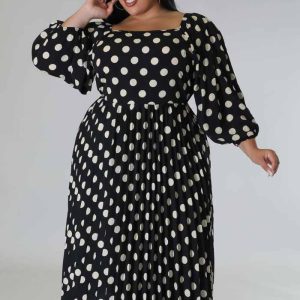 This Fall Plus Size Women's Polka Dot Print Pleated Casual Long Sleeve Midi Dress Made Of Soft And Elastic Fabric. Global Lover Wholesale Plus Size Dresses And Hope Curvy Ladies Find Here a Warm And Exciting Place To Shop Affordable Curvy Dresses Online - Plus Size Casual