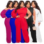 This Fall Plus Size Women's Slash Shoulder Single Sleeve Wide Leg Jumpsuit With Belt Design Made Of High Quality Polyster And Spandex Material. It Is Stretchy