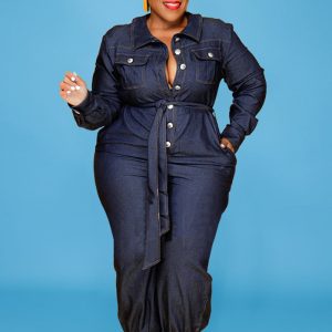 This Fall Plus Size Women's Wash Denim Long Jumpsuit Design Made Of High Quality Polyster And Spandex Material. It Is Stretchy