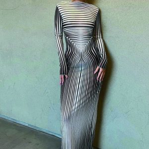 This Fall Round Neck Long Sleeve Fashion Stripe Print Slim High Waist Maxi Dress Design Made Of High Quality Polyster And Spandex Material