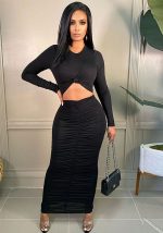 This Fall Sexy Long Sleeve Round Neck Crop Top And Long Dress Set Design Made Of High Quality Polyster And Spandex Material. It Is Stretchy