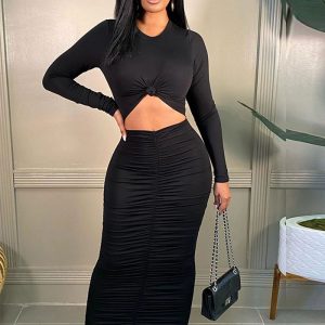 This Fall Sexy Long Sleeve Round Neck Crop Top And Long Dress Set Design Made Of High Quality Polyster And Spandex Material. It Is Stretchy