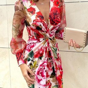 This Fall Spring Mesh Print Puff Sleeves Twisted Sexy Deep v Neck Midi Dress Design Made Of High Quality Polyster And Spandex Material. It Is Stretchy