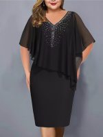 This Fall v-Neck Chiffon Shawl Beaded Bodycon Plus Size Women's Dress Made Of Soft And Elastic Fabric. Global Lover Wholesale Plus Size Dresses And Hope Curvy Ladies Find Here a Warm And Exciting Place To Shop Affordable Curvy Dresses Online - Plus Size Casual