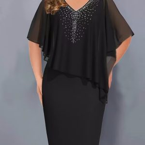 This Fall v-Neck Chiffon Shawl Beaded Bodycon Plus Size Women's Dress Made Of Soft And Elastic Fabric. Global Lover Wholesale Plus Size Dresses And Hope Curvy Ladies Find Here a Warm And Exciting Place To Shop Affordable Curvy Dresses Online - Plus Size Casual