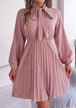 This Fall Winter Chic Tie Slim Waist Long Sleeve Pleated Dress Women's Clothing Design Made Of High Quality Polyster And Spandex Material. It Is Stretchy