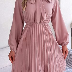 This Fall Winter Chic Tie Slim Waist Long Sleeve Pleated Dress Women's Clothing Design Made Of High Quality Polyster And Spandex Material. It Is Stretchy