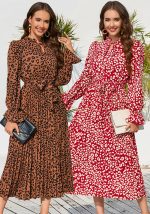 This Fall Winter Ladies Chic Leopard Stand Collar Tie Pleated Casual Midi Dress Design Made Of High Quality Polyster And Spandex Material. It Come With Good Stretch And Wearing Comfortable. Women¡¯s Midi Dresses Is Omnipotent And Suit For All Kinds Of Occasions - Daily Wear