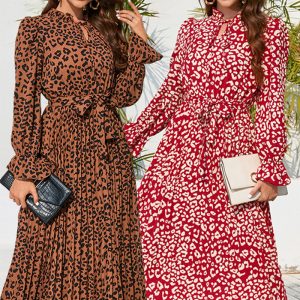 This Fall Winter Ladies Chic Leopard Stand Collar Tie Pleated Casual Midi Dress Design Made Of High Quality Polyster And Spandex Material. It Come With Good Stretch And Wearing Comfortable. Women¡¯s Midi Dresses Is Omnipotent And Suit For All Kinds Of Occasions - Daily Wear