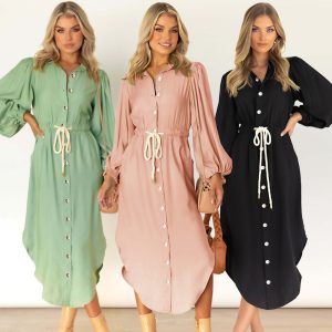 This Fall Winter Long Sleeve British Chic Shirt Dress Maxi Lace Up Slim Waist Dress Women Design Made Of High Quality Polyster And Spandex Material. It Is Stretchy