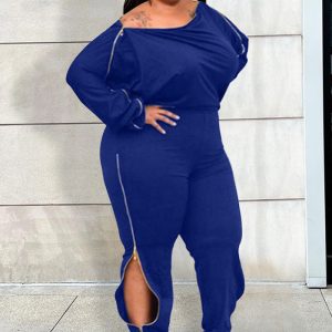 This Fall Winter Plus Size Women's Sexy Fashion Solid Color Zipper Off Shoulder Jumpsuit Design Made Of High Quality Polyster And Spandex Material. It Is Stretchy