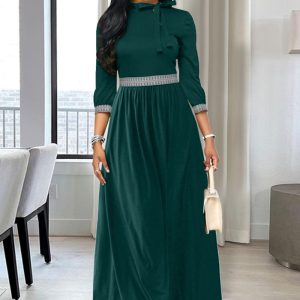 This Fall Winter Slim Waist Maxi Tie Bow Long Slim Dress Design Made Of High Quality Polyster And Spandex Material