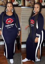 This Fall Winter Striped Slit Maxi Lip Print Round Neck Color Block Plus Size Dress Made Of Soft And Elastic Fabric. Global Lover Wholesale Plus Size Dresses And Hope Curvy Ladies Find Here a Warm And Exciting Place To Shop Affordable Curvy Dresses Online - Plus Size Casual