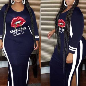 This Fall Winter Striped Slit Maxi Lip Print Round Neck Color Block Plus Size Dress Made Of Soft And Elastic Fabric. Global Lover Wholesale Plus Size Dresses And Hope Curvy Ladies Find Here a Warm And Exciting Place To Shop Affordable Curvy Dresses Online - Plus Size Casual