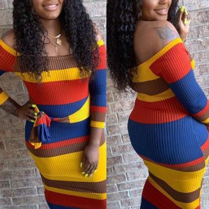 This Fall Winter Women Fashion Colorful Striped Off Shoulder Long Sleeve Long Dress Design Made Of High Quality Polyster And Spandex Material