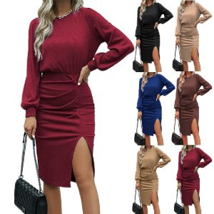 This Fall Winter Women's Ribbed Slim Waist Lantern Long Sleeve Knitting Split Midi Chic Dress Combine The Warm And Fashion. It Is a Must-Have Item For This Winter. Sweater Dresses For Women At Global Lover Comes For Different Occasions - Daily Life