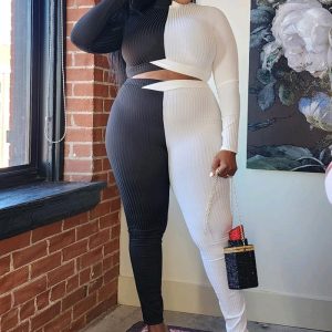 This Fall Winter Women's Fashion Ribbed Patchwork Contrast Plus Size Two-Piece Set Design And Made Of Comfortable And Elastic Fabric. Wholesale Plus Size Two Piece Sets Is a Must-Have Item For Curvy Ladies. Two Piece Sets Can Either Be Worn Together Or Individually