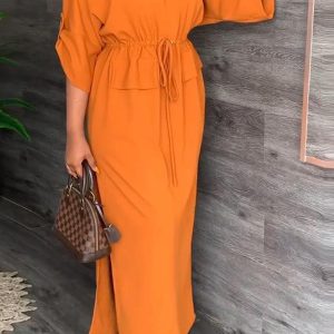 This Fall Women Casual Fashion Stand Collar Slit Maxi Solid Dress Design Made Of High Quality Polyster And Spandex Material