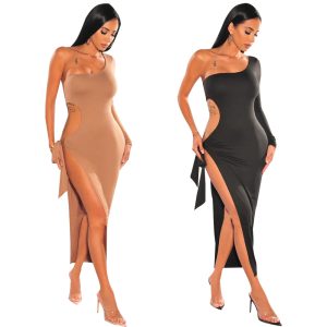 Questo autunno le donne sexy obliquo una spalla ritaglio manica lunga Lace-Up Dress Design fatto di alta qualità Polyster e Spandex materiale