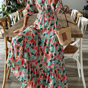 This Fall Women v-Neck Long Sleeve Printed Loose Maxi Dress Design Made Of High Quality Polyster And Spandex Material