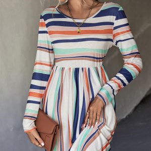 Questo classico vestito casual a righe a maniche lunghe delle donne autunnali è realizzato con materiale di alta qualità in poliestere e spandex. È elastico